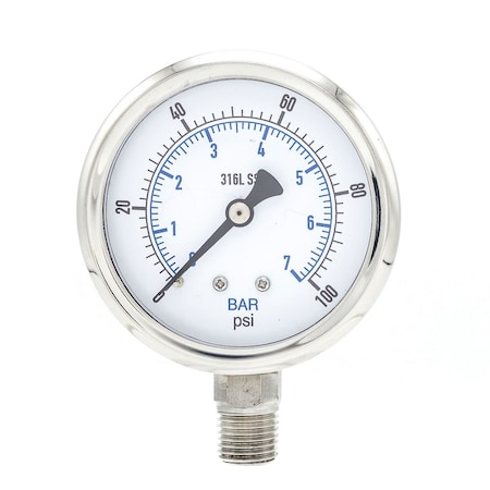 Pic Gauges 2 1/2 in Dial, 1/4 in NPT Male Lower Location, Stainless Steel Case Material PRO-301D-254E-01